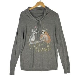 Disney Lady and the Tramp Heather Gray Cowl Neck Graphic Hoodie Pullover Womens